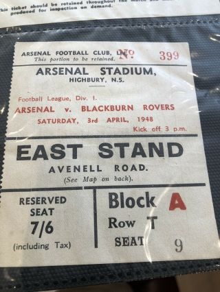 Arsenal - Early Rare Post War Ticket - League V Blackburn 3rd April 1948
