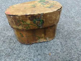 Antique 19th C Homemade Wallpaper Oval Box Hand Stitched Very Fragile.  4x2x3 