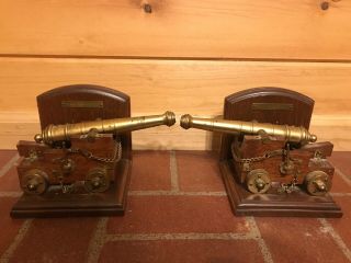 U.  S.  S.  Constitution Cannon Book Ends Bookends Brass Wood Vintage Rare Ship Decor