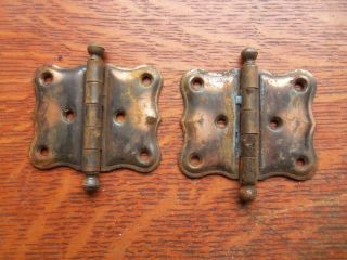 Two Antique Vintage Cast Iron Cupboard Door Hinges 2 " Tall Copper - Flashed