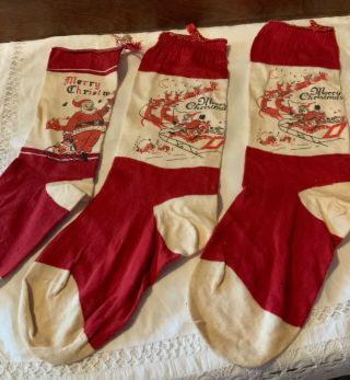 3 Vintage Antique Christmas Santa Stocking Socks 1930’s Cotton Stocking