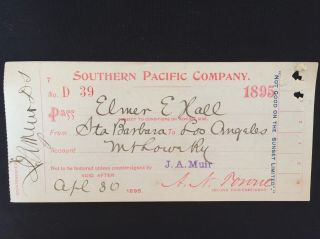 Rare Antique 1895 Southern Pacific Co.  Railroad Pass Professor Elmer E.  Hall