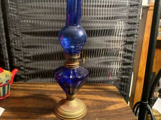 Vintage Antique Oil Lamp Brass & Glass Cobalt Blue 10 "