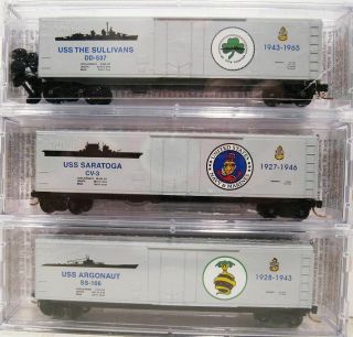 3 N Scale Micro Trains Navy Series Box Cars Knuckle Couplers Rare.  Scroll Down