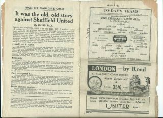 RARE Middlesbrough v Aston Villa prog 11/12/1948 48/49 2