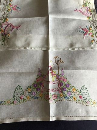 2 Vintage Linen Hand Embroidered Crinoline Lady Tray Cloths / Table Centrepieces