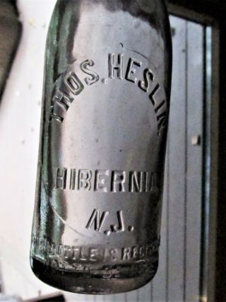 Antique Thomas Heslin Advertising Soda Bottle & Porcelain Cap Hibernia,  Nj