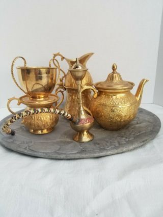 5 Peice Persian Antique Tea Set,  Hookah,  Persian Mirror On Greek Style Dish