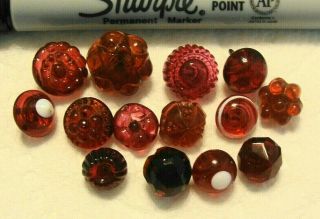 14 Antique Ruby Red Glass Charmstring Buttons 3/8 " To 5/8 "