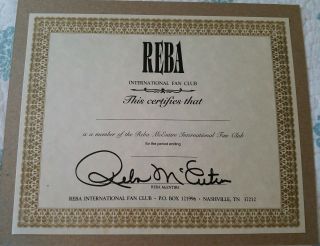Rare Reba Mcentire International Fan Club Certificate