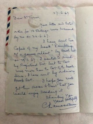 Cotah Ramaswami,  India,  Nicely Signed 1967 Letter,  Very Rare Autograph