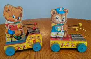 Two Vintage Antique Fisher Price Wood Tiny Teddy Pull Toy Toys