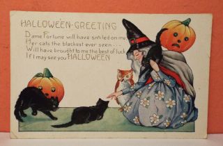 Vintage Halloween Whitney Postcard 1922 Witch Black Cats Jack O 