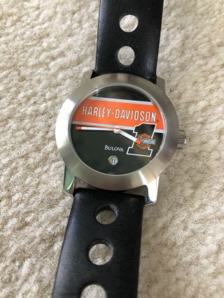 Harley - Davidson Bulova Mens Black Leather Silver Rare Watch