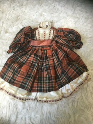 1/3 Sd Bjd Or 16 - 18 In Vintage Doll Dress Tea Stained Brown Plaid Dress