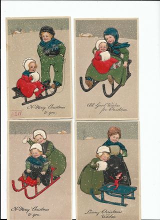 Antique Post Card C.  1908 Set Of 5 Christmas Wishes Children Sleds Snow Embossed