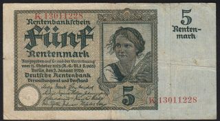 1926 5 Rentenmark Germany Rare Old Vintage Paper Money Banknote Currency Bill Vf