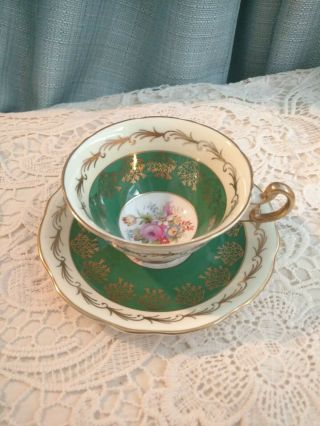 Eb Foley Bone China 1850 Teacup And Saucer Green,  Gold,  And White