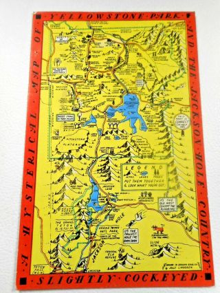 C 1930s Yellowstone Hysterical Map Large Postcard Jolly Lindgren