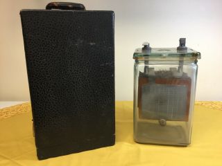 Rare Vtg Delco Light Wet Cell Battery In Glass Jar Carrying Case