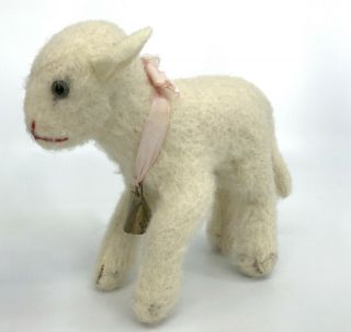 Steiff Lamby Lamb Wool Plush 14cm 5.  5in 1960s Brass Bell Pink Bow No Id Vintage