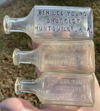 Rare Set Of 3 Ben Lee Young Pharmacy Bottles Huntsville Alabama Ala Early Rare