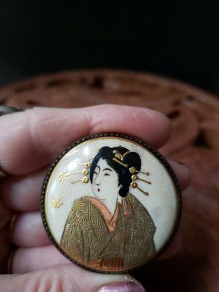 Very Old Antique Chinese/japanese Painted Porcelain Gold Brooch