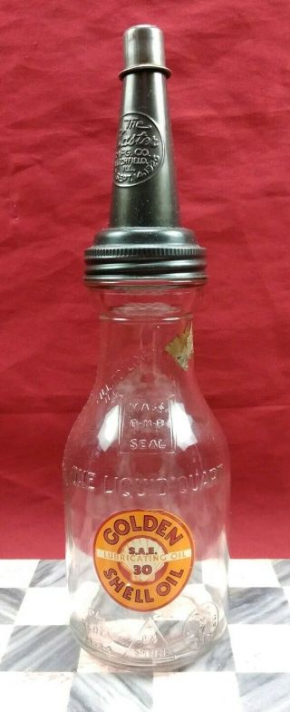 Rare | Antique Vintage Golden Shell Oil | Embossed Glass Oil Bottle With Cap