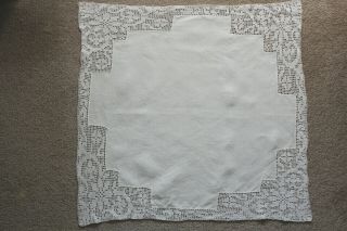 Vintage Square White Linen Cloth With Crochet Edges.
