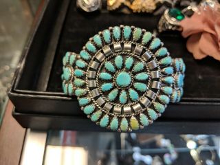 Rare Large Old Pawn Zuni Sterling & Gem Blue Turquoise Cluster Cuff Bracelet Nr