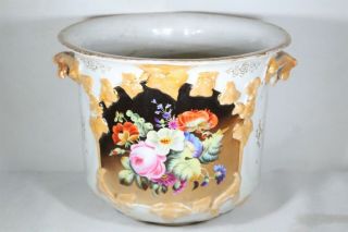 Antique French Porcelain Hand Painted Flowers Luster Vines Handled Cache Pot
