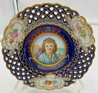 Antique Meissen Reticulated Blue Gold Portrait Of Boy By The Sea 6 " Plate