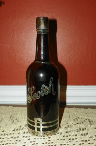 Rare Antique Brown Glass Silver Overlay Scotch Bottle/decanter