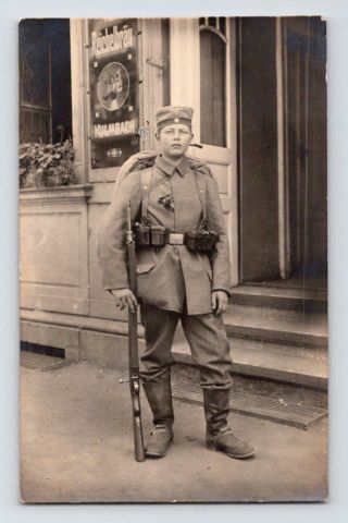 Ww1 Antique German Real Photo Rppc Postcard Young Soldier In Uniform With Rifle