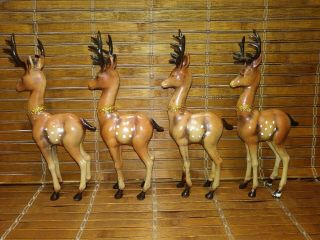 Christmas Deer Figure Set Of 4 - Antique Celluloid Hard Plastic Reindeer Vintage