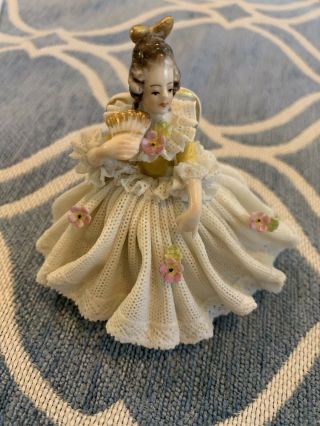 Vintage Dresden Lace Porcelain Sitting Lady Figurine.  N Crown Mark 3.  5” High