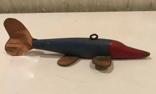 Antique Primitive American Folk Art Weighted Carved Wood Ice Fishing Fish Decoy