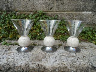 Rare Art Deco Group Of 3 Martini Glasses Chrome With Golf Ball Knopp - Unusual