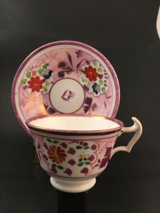 Antique English Porcelain Tea Cup & Saucer Pink Lustre London Shape Pattern 63