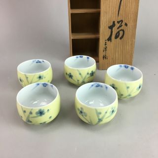 Japanese Porcelain Teacup 5pc Set Vtg Arita Ware Yunomi Sencha Wood Box Px162