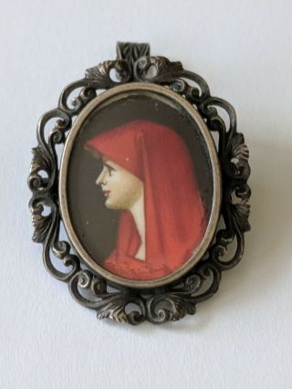 Antique 800 Silver Hand Painted Portrait Pin Brooch Pendant