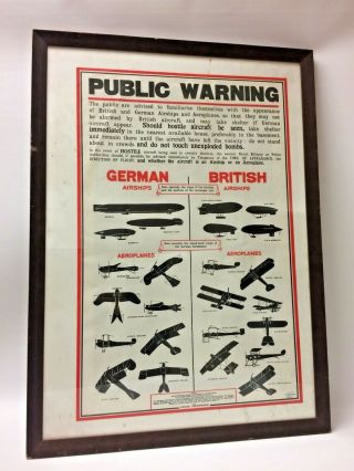 Framed Ww1 Public Warning Aircraft Poster 1915 German British Raf Militaria Rare