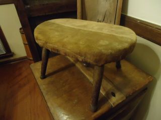 Antique Wooden Foot Stool Early Old Primitive Velvet Upholstered Small Bench