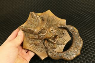 Rare Chinese Old Bronze Hand Carving Dragon Door Deco Doorknob Statue