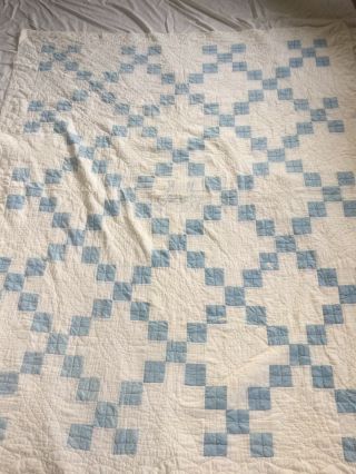 Antique Handmade Quilt - Blue Squares Handsewn Signed No Date 68 X 80