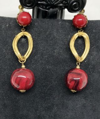 Rare Vintage Miriam Haskell Red Black Dangle Screw On Clip Earrings Signed