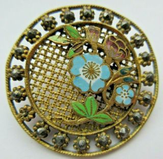 Spectacular Xl Antique Vtg Champleve Enamel Flower Button Cut Steels Rim (t)