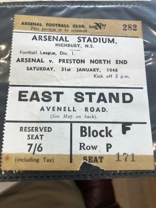 Arsenal - Early Rare Post War Ticket - League V Preston N E 31st Jan 1948