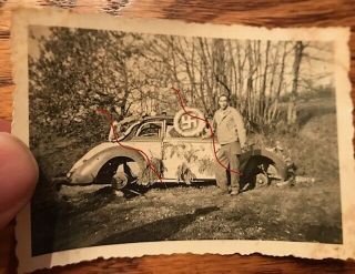 Wwii Photo Gi With Captured Wrecked German Vehicle And Rare German Insignia