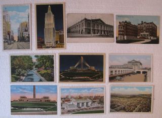 10 Antique Postcards Kansas City Mo.  Convention Hall,  Grand Ave,  Union Station,